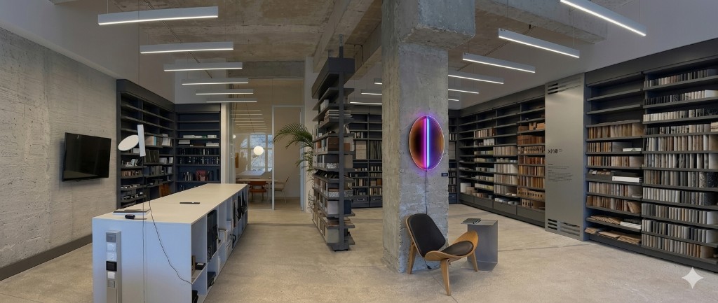 Kno Center workspace interior with shelving, seating, and studio lighting